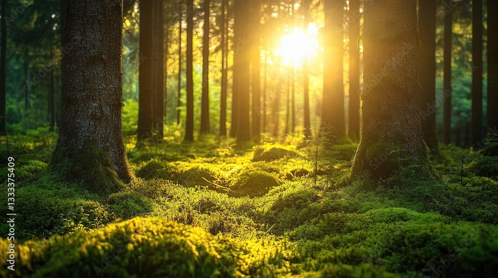 Obraz premium Tranquil Sunlit Forest with Lush Green Mossy Ground