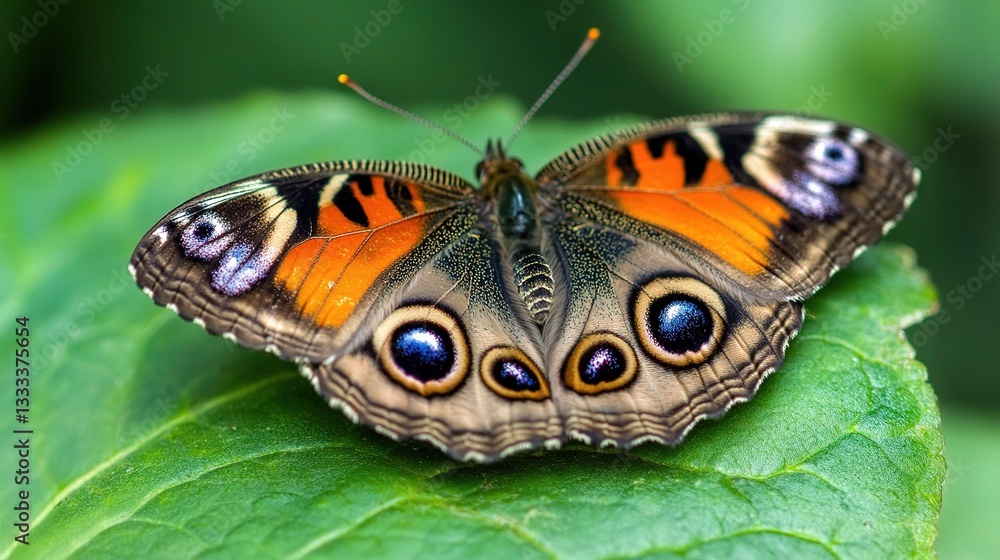 Obraz premium Close-Up of Vibrant Butterfly Resting on Bright Green Leaf Surface