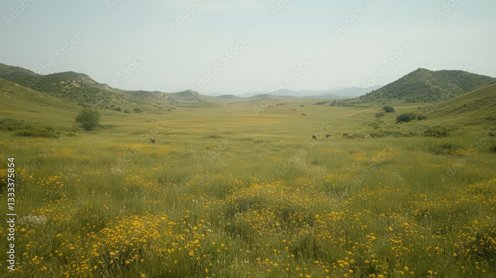 Fototapeta premium Vast Wildflower Field Under Hazy Sky with Grazing Cattle and Distant Hills