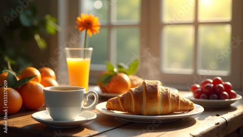 Wallpaper Mural An elegant French breakfast with a croissant, coffee, and orange juice. Styled with fresh fruit on a rustic wooden table in warm sunlight for a cozy, serene morning vibe. Torontodigital.ca
