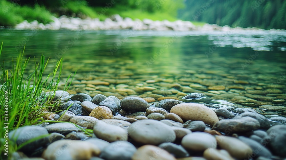 Fototapeta premium Serene Riverbank Scene with Rocks and Grassy Border in Tranquil Setting