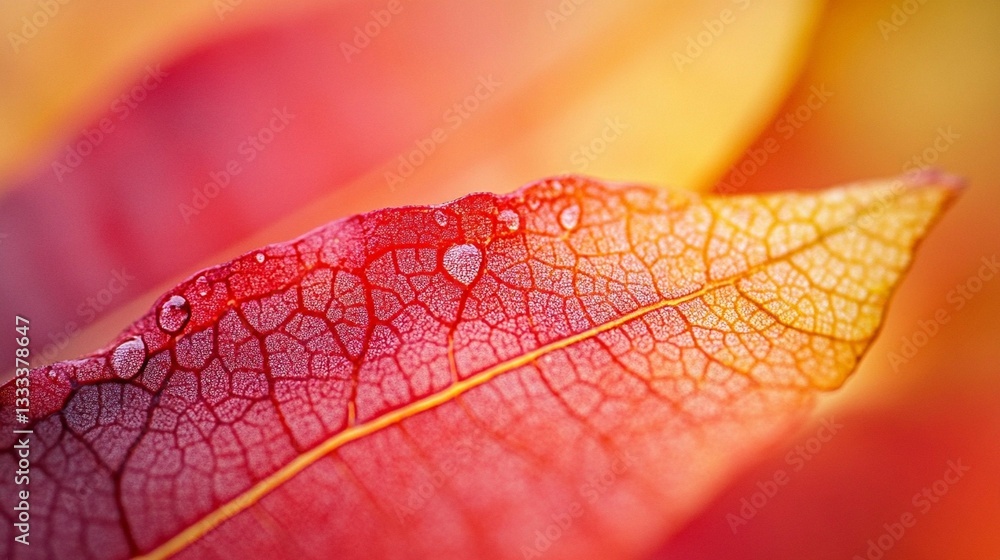 Fototapeta premium Close-up of a vibrant red and orange autumn leaf with water droplets, showcasing intricate vein details.