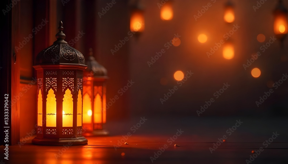 Fototapeta premium Islamic Ramadan lantern banner featuring a warm, festive glow, perfect for Eid Mubarak and Eid al-Adha celebrations
