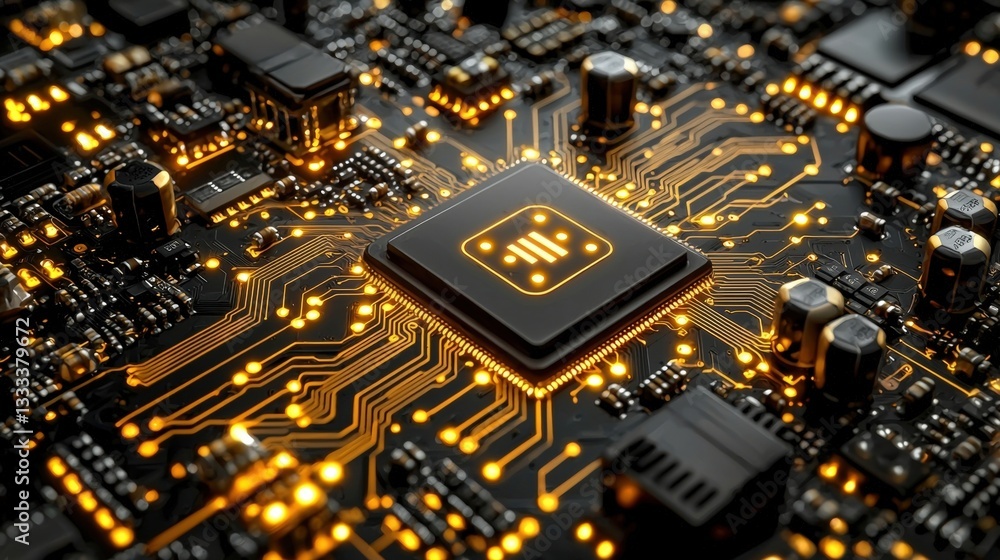 Intricate Close-Up of a Metallic Circuit Board with Golden Microchips and Electrical Patterns Intricate Close-Up of a Metallic Circuit Board with Golden Microchips and Electrical Patterns