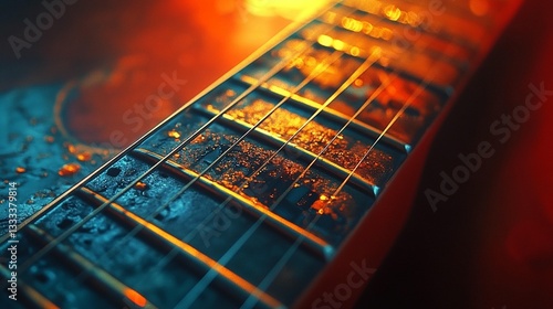 Close-up of a weathered guitar fretboard with vibrant orange and blue lighting.