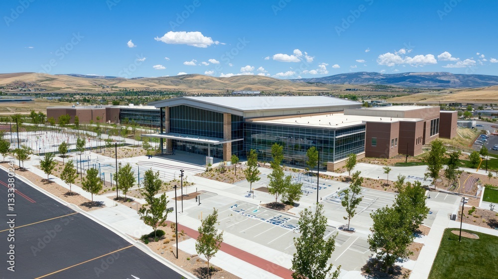 Aerial View of a Modern School Building and its Surrounding Landscape Aerial View of a Modern School Building and its Surrounding Landscape