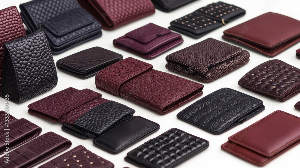 Fototapeta premium Collection of Burgundy and Black Textured Leather Wallets on White Background