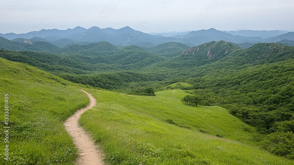Fototapeta premium Winding Trail Through Lush Green Meadow Leading to Distant Hills