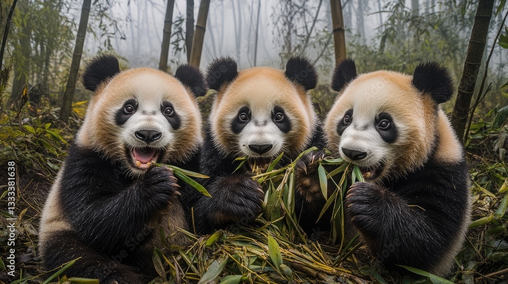 Obraz premium Three Pandas Enjoying a Bamboo Feast in a Foggy Forest