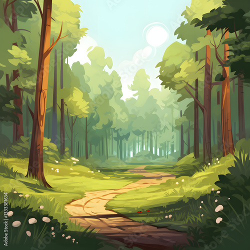 vector forest scene with various forest trees, vector a flat nature background, vector forest scene with hiking track and many trees
