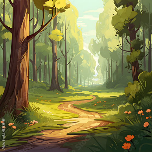 vector forest scene with various forest trees, vector a flat nature background, vector forest scene with hiking track and many trees
