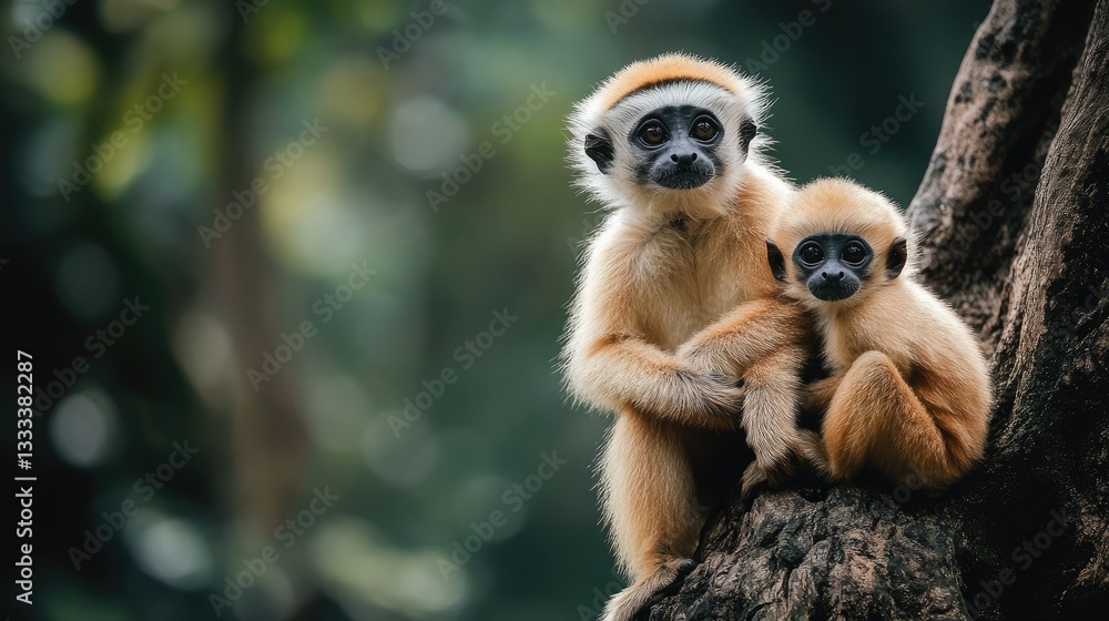 Two Golden Langurs Perched on a Tree Branch Two Golden Langurs Perched on a Tree Branch