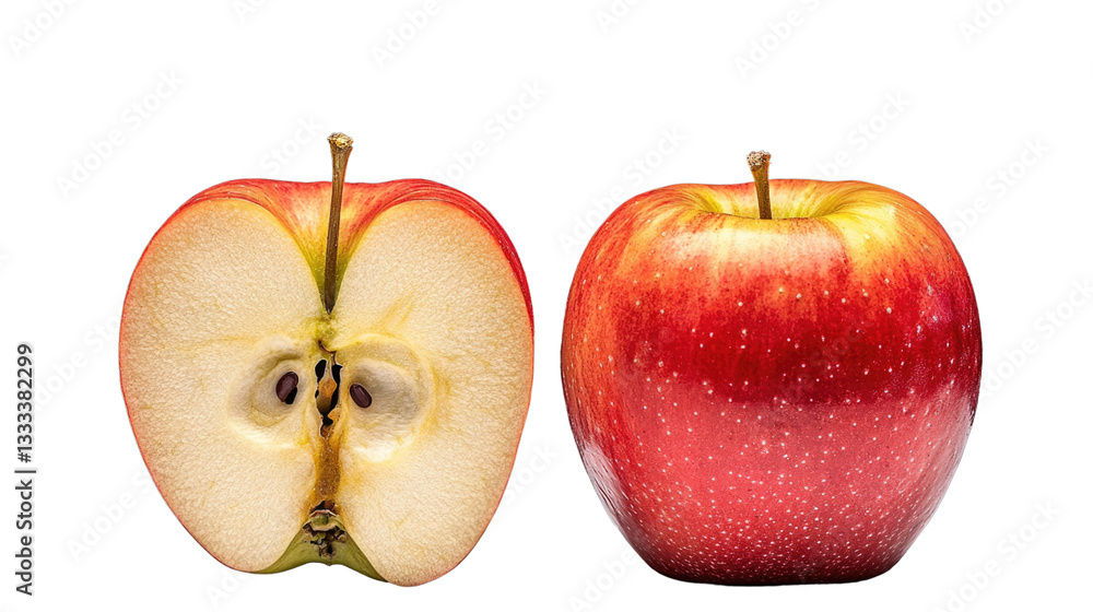 Fresh Red Apple Cut in Half Showing Interior Details with Seed and Pulp on Black Background Fresh Red Apple Cut in Half Showing Interior Details with Seed and Pulp on Black Background