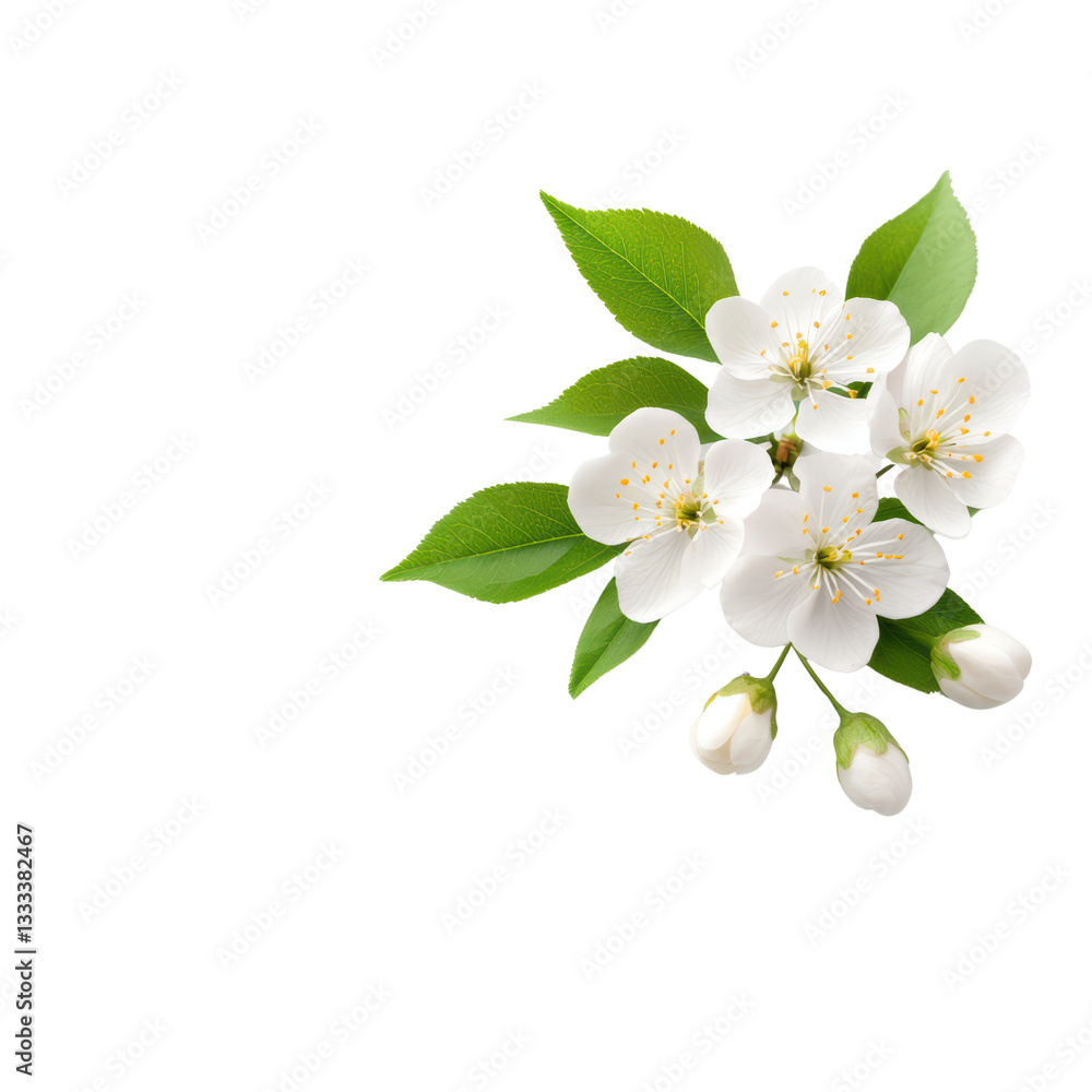 Obraz premium Delicate cherry blossom branch with white flowers and buds