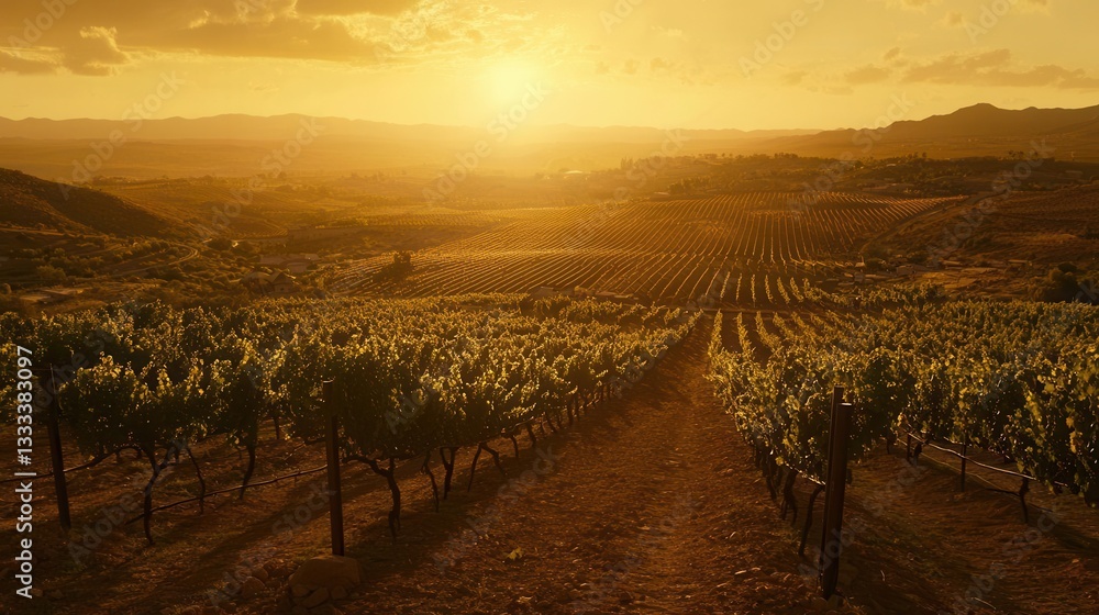 Naklejka premium Golden Hour Vineyard Landscape Rows of Vines at Sunset