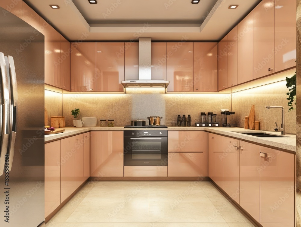 Fototapeta premium This modern kitchen is designed with peach colored cabinetry and appliances