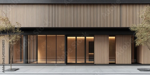 A modern architectural facade featuring wood paneling and glass windows