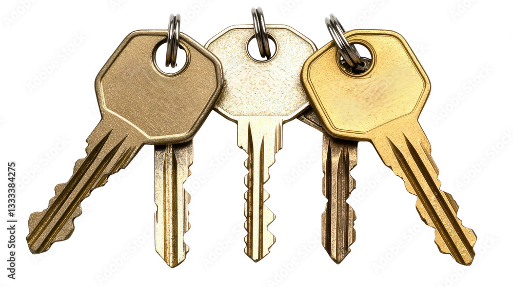 Set of three decorative keys in various metal colors isolated on a white background Set of three decorative keys in various metal colors isolated on a white background