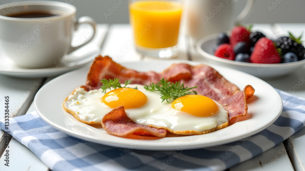 A classic breakfast with eggs, bacon, toast, coffee, and orange juice on a white table. A fresh and inviting morning scene with natural light and vibrant ingredients. A classic breakfast with eggs, bacon, toast, coffee, and orange juice on a white table. A fresh and inviting morning scene with natural light and vibrant ingredients.