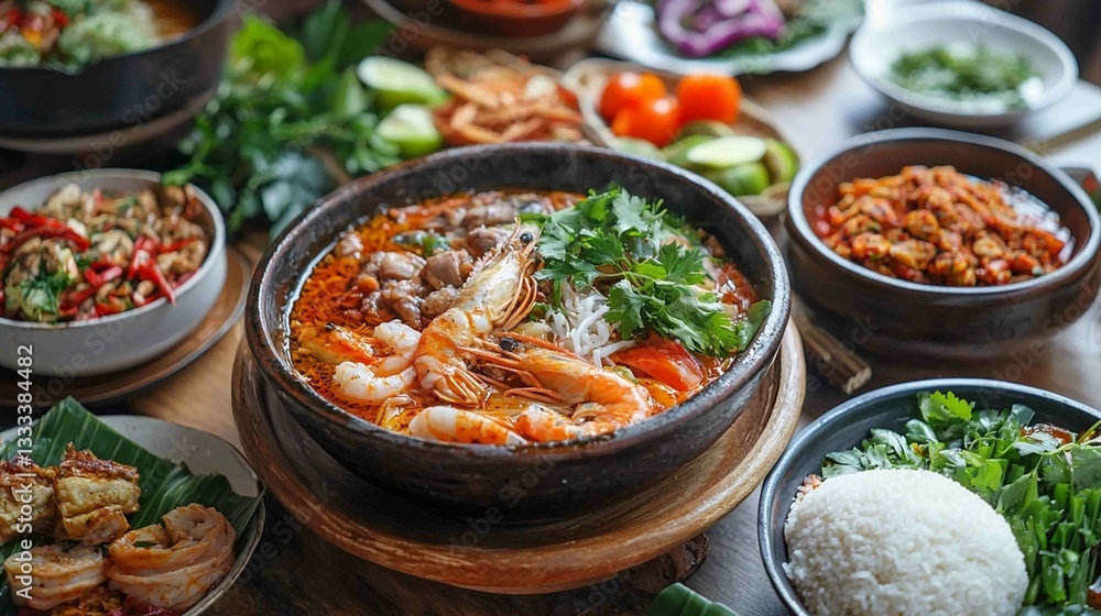 Flavorful Seafood Soup with Herbs and Fresh Vegetables in Bowls Flavorful Seafood Soup with Herbs and Fresh Vegetables in Bowls