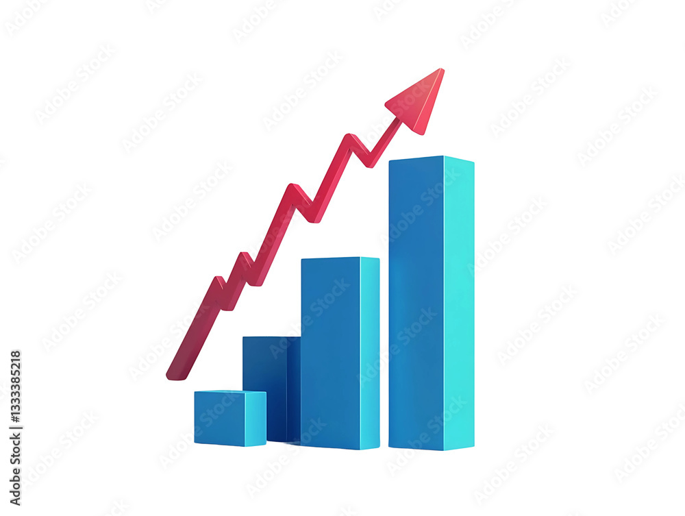 3D Bar Chart Showing Growth with Red Arrow On Isolated White Background 3D Bar Chart Showing Growth with Red Arrow On Isolated White Background