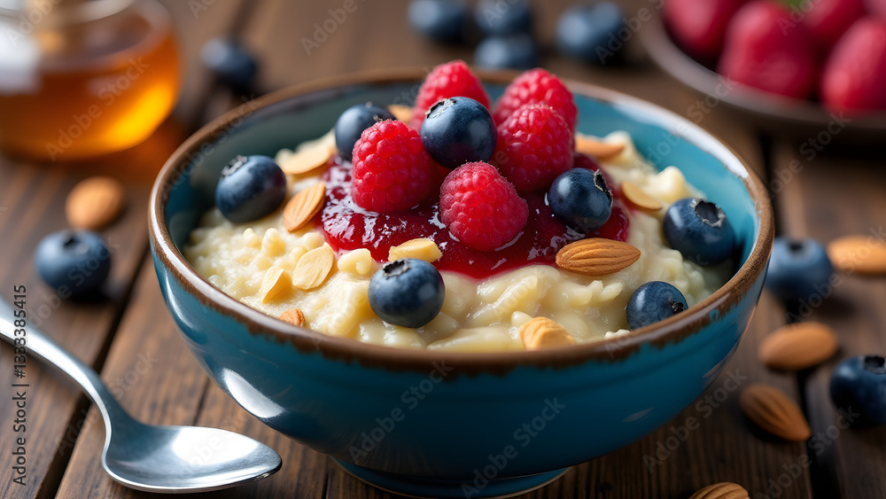 A rustic oatmeal bowl with blueberries, raspberries, almonds, and compote on a wooden table. A warm and healthy breakfast scene with natural textures and soft lighting. A rustic oatmeal bowl with blueberries, raspberries, almonds, and compote on a wooden table. A warm and healthy breakfast scene with natural textures and soft lighting.