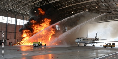 Firefighters respond to massive blaze in aircraft hangar during emergency training exercise