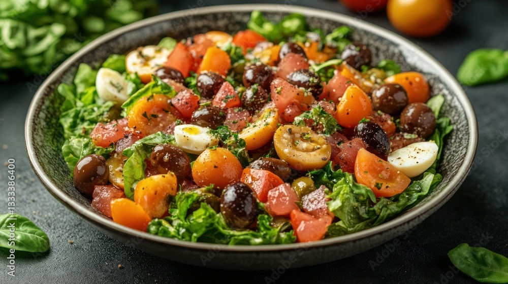 Vibrant colorful salad with mixed tomatoes, olives, and eggs Vibrant colorful salad with mixed tomatoes, olives, and eggs