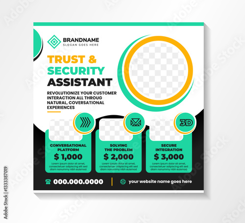 trust and security assistent services Square banner social media post or cover banner design template. white and black background design template with infographic and circle space or photo collage.