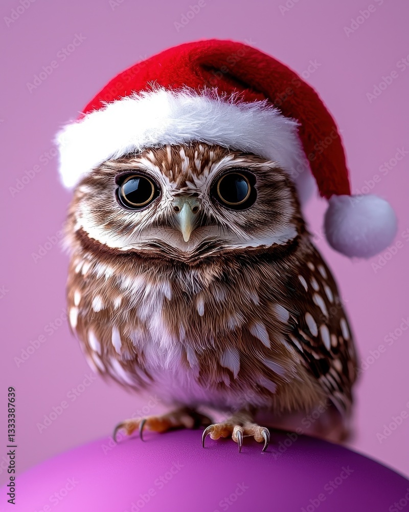 A whimsical owl wearing a Christmas hat, adding cheerfulness to the holiday season. A whimsical owl wearing a Christmas hat, adding cheerfulness to the holiday season.