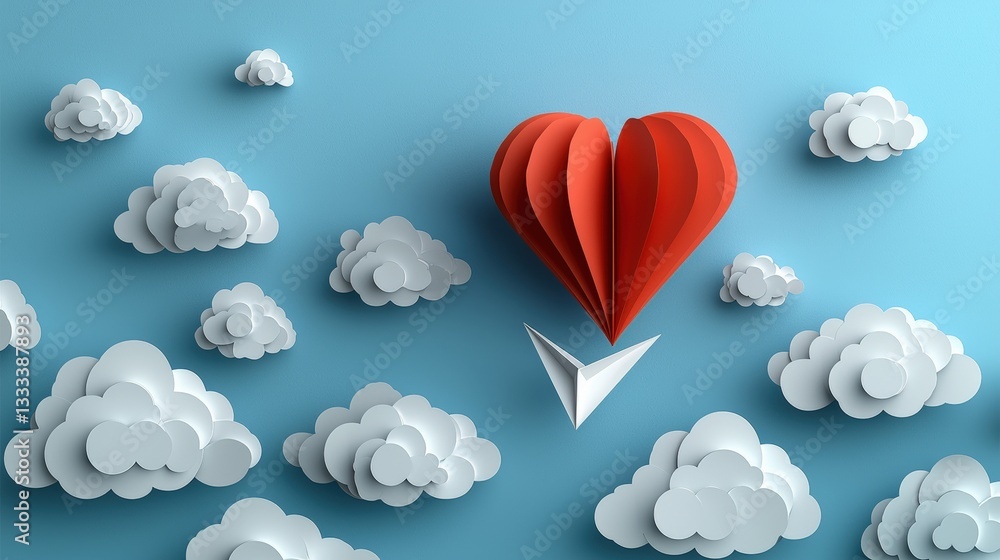 Paper Heart Floating Among Clouds in a Blue Sky Illustrating Love and Creativity Paper Heart Floating Among Clouds in a Blue Sky Illustrating Love and Creativity