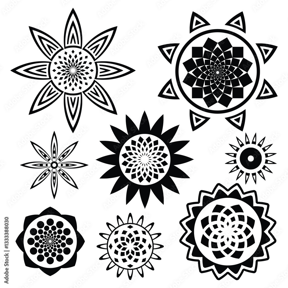 Set of geometric flowers isolated on white background, stylized flowers, round ethnic elements, vector design Set of geometric flowers isolated on white background, stylized flowers, round ethnic elements, vector design