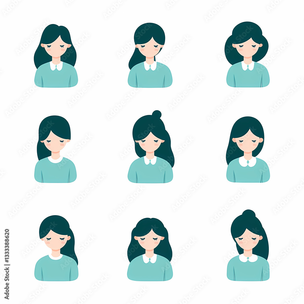 Collection of stylized women with various hairstyles in a simple, clean design. Each figure is presented with a calming, minimalist aesthetic. Collection of stylized women with various hairstyles in a simple, clean design. Each figure is presented with a calming, minimalist aesthetic.