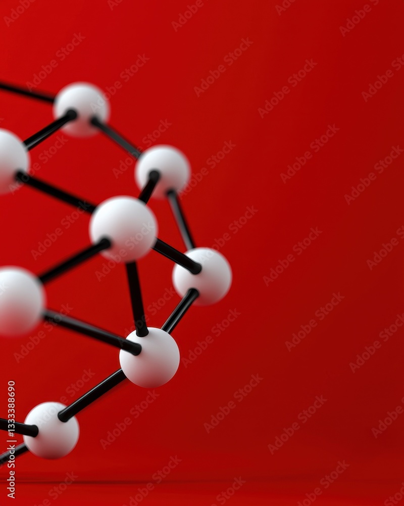 Obraz premium Abstract molecular structure with white spheres and black rods on a vibrant red background.