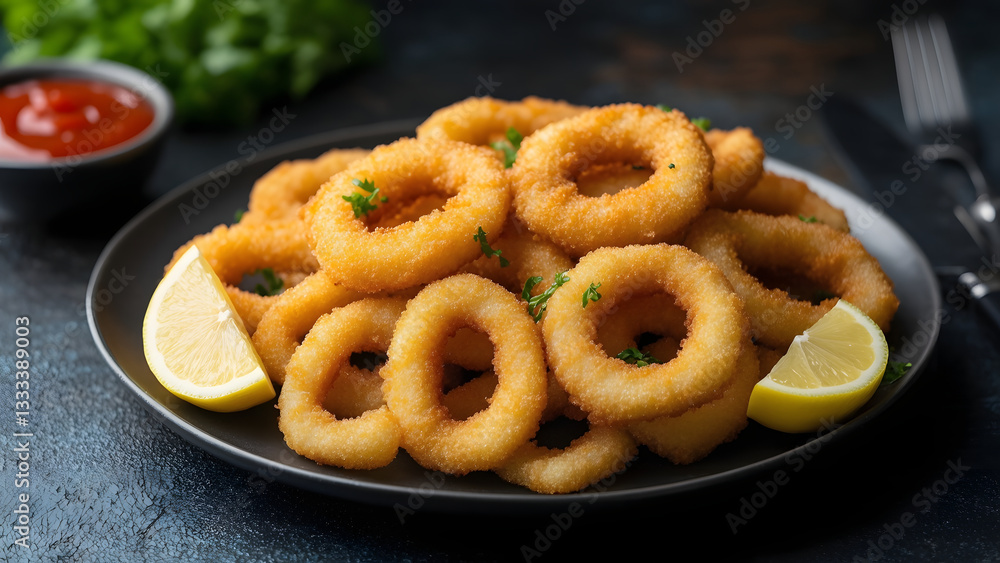 Fried Calamari Rings with Marinara Sauce and a Lemon Wedge Fried Calamari Rings with Marinara Sauce and a Lemon Wedge