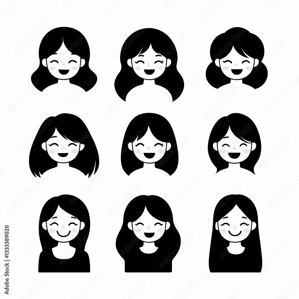 A collection of nine cute and simple cartoon avatars of women with different hairstyles, all smiling with black hair against a white background. A collection of nine cute and simple cartoon avatars of women with different hairstyles, all smiling with black hair against a white background.