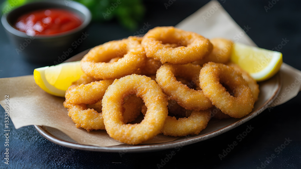 Fried Calamari Rings with Marinara Sauce and a Lemon Wedge Fried Calamari Rings with Marinara Sauce and a Lemon Wedge