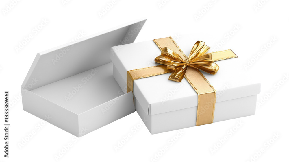 Obraz premium Elegant White Gift Box with Gold Ribbon and Open Lid for Special Occasions and Celebrations