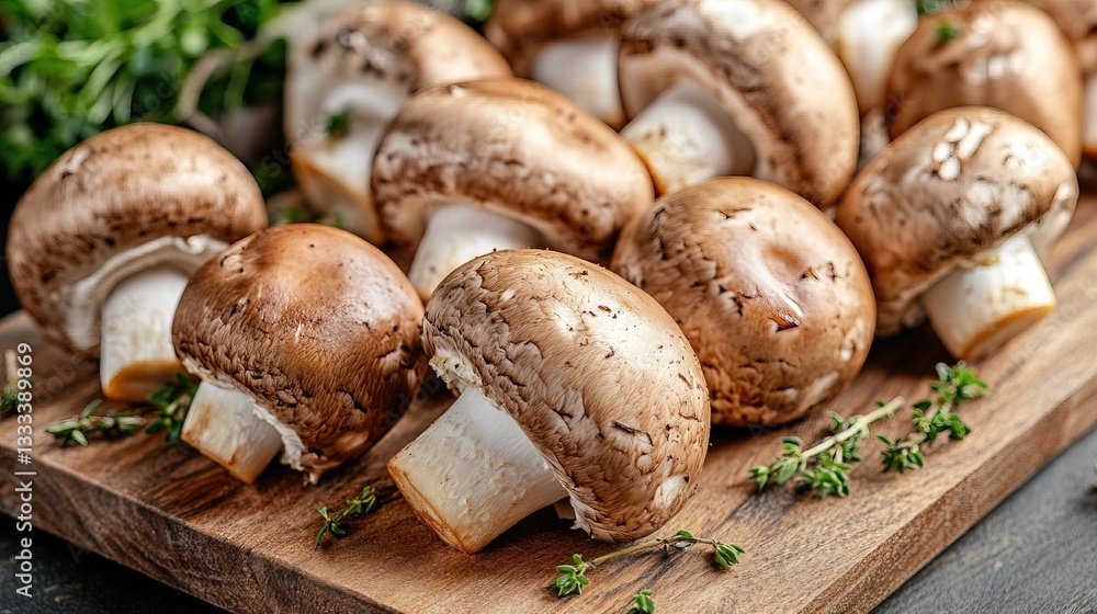 Organic Mushrooms with Fresh Herbs on Wooden Cutting Board – Earthy Tones and Farm-to-Table Freshness Organic Mushrooms with Fresh Herbs on Wooden Cutting Board – Earthy Tones and Farm-to-Table Freshness