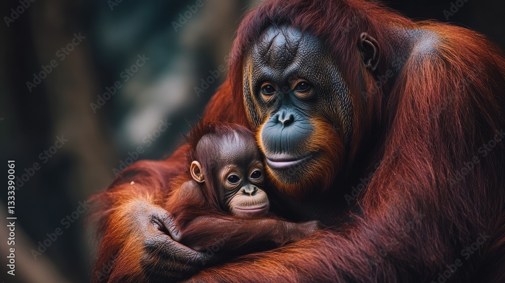 Motherly Embrace: An Orangutan and Her Young Motherly Embrace: An Orangutan and Her Young