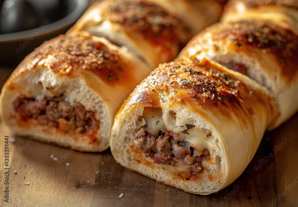 Savory Meat-Stuffed Rolls with Golden Brown Crust, Fresh Herbs, and Melted Cheese Served on a Rustic Wooden Table Savory Meat-Stuffed Rolls with Golden Brown Crust, Fresh Herbs, and Melted Cheese Served on a Rustic Wooden Table