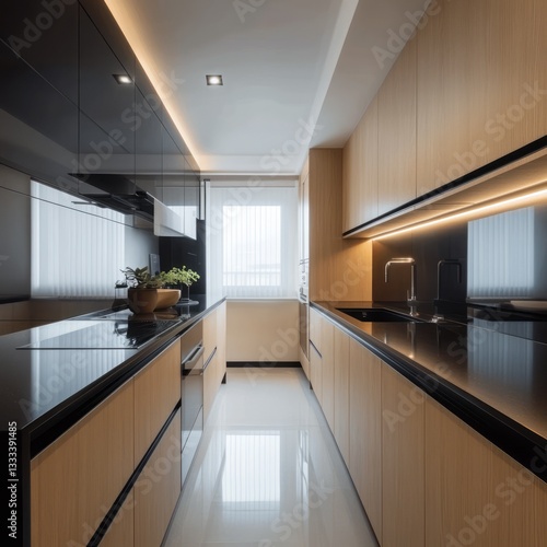 Modern minimalist kitchen with black countertops and light wood cabinets