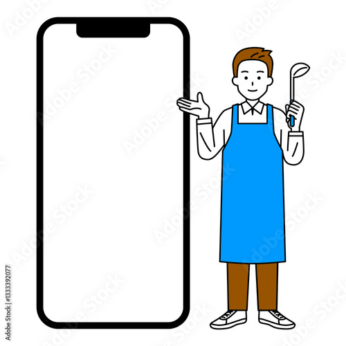 空白の画面のスマートフォンとおたまを持つエプロン姿の男性