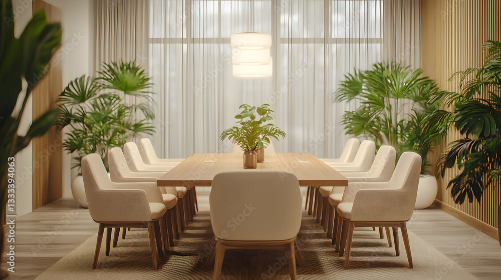 Fototapeta premium Modern Conference Room with Elegant Wooden Table Surrounded by Lush Greenery and Natural Light