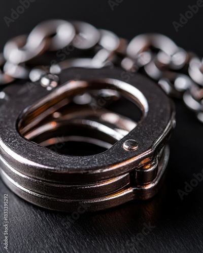 Close-up of metallic handcuffs on a dark background emphasizing crime and justice themes. photo