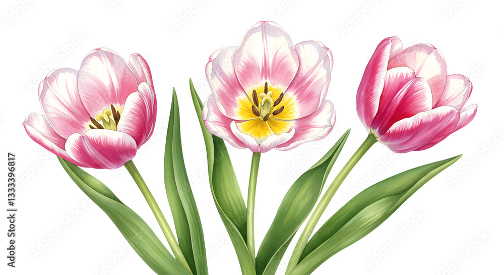 Fototapeta premium Three Watercolor Tulips Blossoming with Delicate Pink and White Petals