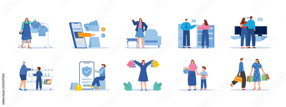 Fototapeta premium Shopping set illustrations. Flat vector illustrations concept.