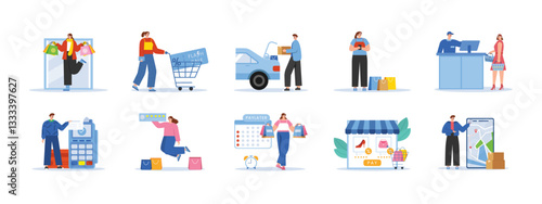 Shopping set illustrations. Flat vector illustrations concept.