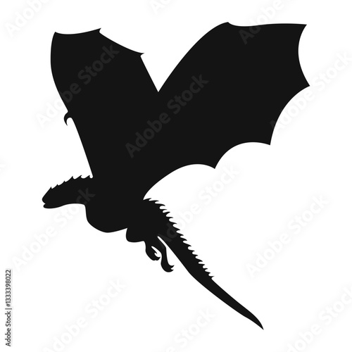 Silhouette of Flying Dragon. Vector Illustration Isolated on White Background.