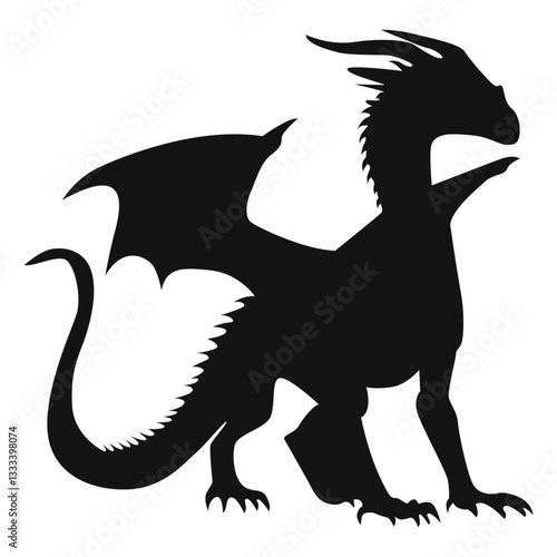 Silhouette of Flying Dragon. Vector Illustration Isolated on White Background.